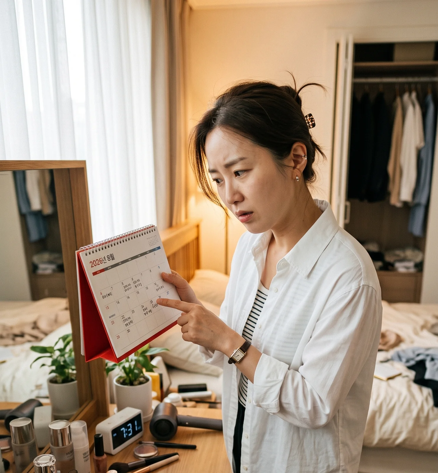 달력에서 생리 주기를 확인하며 걱정하는 여성