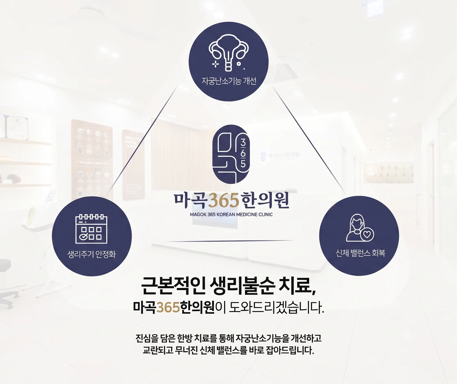 근본적인 생리불순 치료 — 생리주기 안정화, 자궁난소기능 개선, 신체 밸런스 회복을 함께 살펴 마곡365한의원이 도와드립니다.